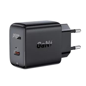   Acefast hálózati gyorstöltő GaN USB Type C 30W, PD, QC 3.0, AFC, FCP, fekete (A21, fekete)