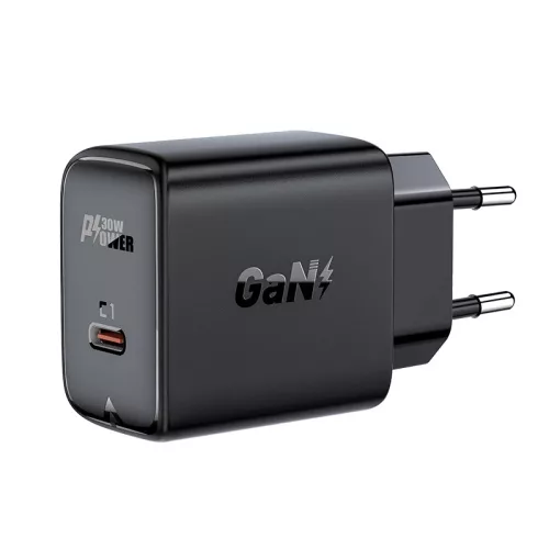 Acefast hálózati gyorstöltő GaN USB Type C 30W, PD, QC 3.0, AFC, FCP, fekete (A21, fekete)
