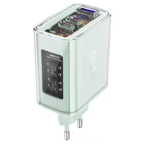 Acefast hálózati töltő GaN 65W 3 ports (1xUSB, 2xUSB C) , zöld (A45)