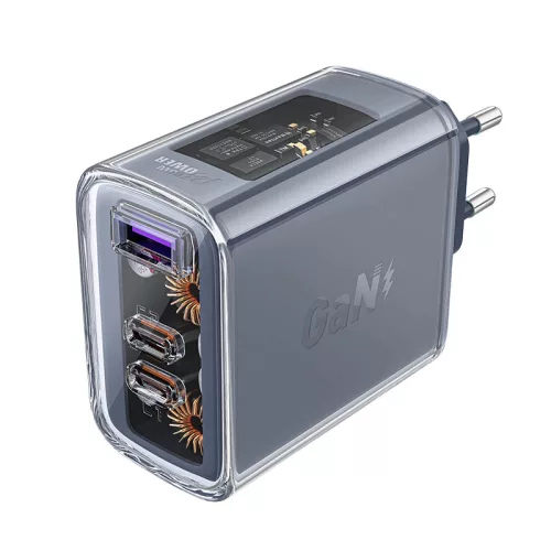 Acefast hálózati töltő GaN 65W 3 ports (1xUSB, 2xUSB C) , szürke (A45)