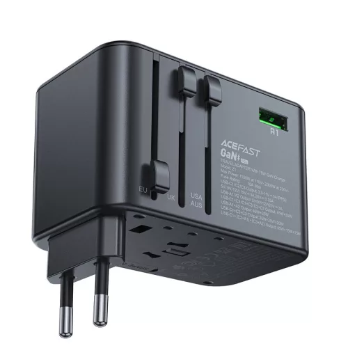 Acefast Z1 GaN 75W PD travel charger adapter 3x USB-C 2x USB-A, fekete