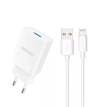   Dudao A4EU USB-A 2.1A hálózati töltő, fehér + USB-A - Lightning kábel