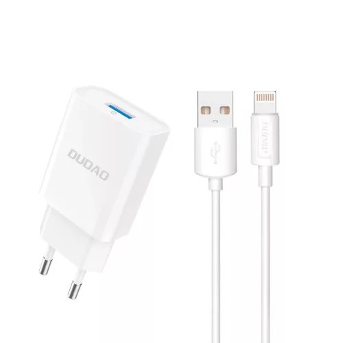 Dudao A4EU USB-A 2.1A hálózati töltő, fehér + USB-A - Lightning kábel