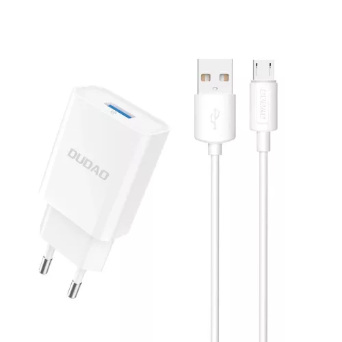 Dudao A4EU USB-A 2.1A hálózati töltő, fehér + USB-A - micro USB kábel