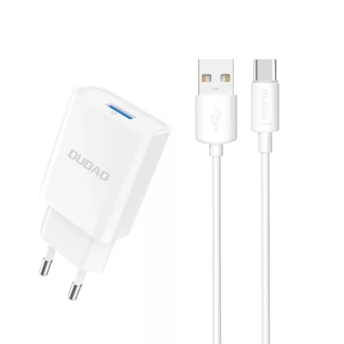 Dudao A4EU USB-A 2.1A hálózati töltő, fehér + USB-A - USB-C kábel