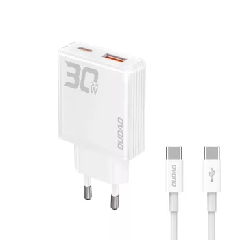   Dudao GaN A30EUT 30W USB-A / USB-C hálózati töltő + USB-C - USB-C kábel, fehér