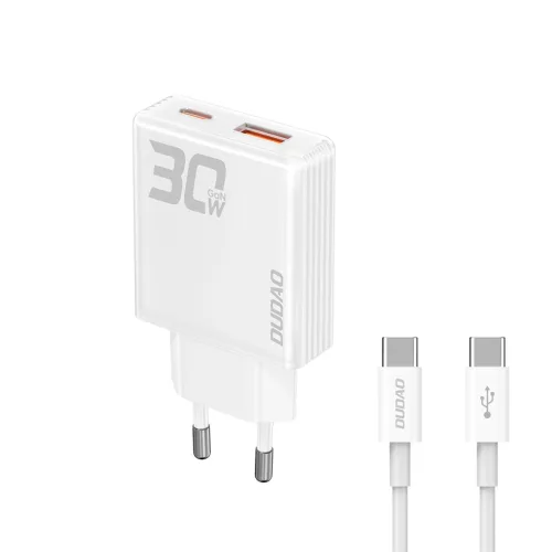 Dudao GaN A30EUT 30W USB-A / USB-C hálózati töltő + USB-C - USB-C kábel, fehér