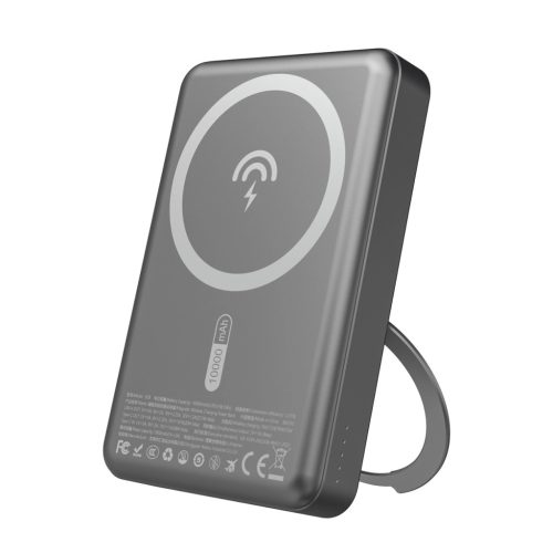 Dudao K28 10000mAh PD 22.5W MagSafe Powerbank fém tokkal és gyűrűs állvánnyal, szürke