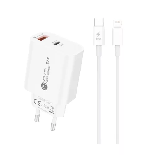 A6MaxL 20W USB-A USB-C hálózati töltő with 1m USB-C - Lightning kábel, fehér