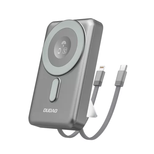 Dudao K29 10000mAh PD 20W MagSafe Power Bank with Metal Case, Stand and Built-in USB-C/ Lightning Cables, szürke