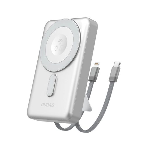 Dudao K29 10000mAh PD 20W MagSafe Powerbank fémházzal, állvánnyal és beépített USB-C/Lightning kábelekkel, ezüst
