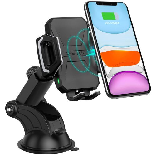 Choetech T521-S Car Cockpit Charger 10W univerzális autós telefontartó és QI indukciós vezetéknélküli töltő szélvédőre és műszerfalra, 1m UCB-C kábellel, fekete