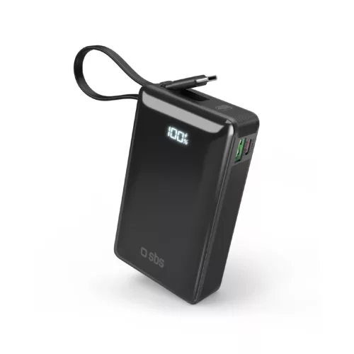 Powerbank SBS 20000 mAh 20W beépített USB-C kábel, digitális kijelző, fekete