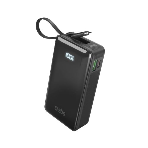 Powerbank SBS 10000 mAh 20W beépített USB-C kábel, digitális kijelző, fekete