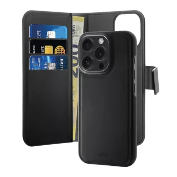   Puro Wallet Detachable MagSafe 2in1 PU Leather Case with Flap and Wallet iPhone 16 Pro - tok, fekete