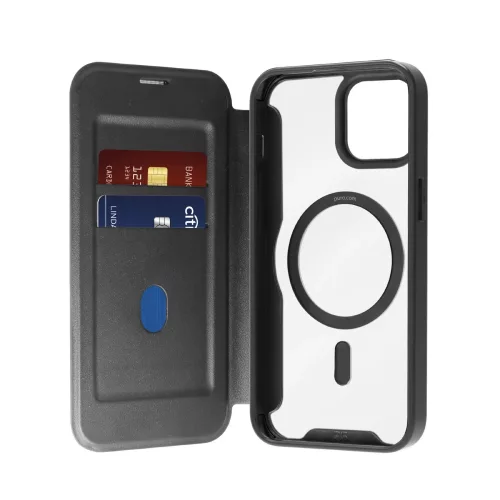 Puro Book Mag MagSafe Leather Case Flap Card Slot iPhone 16 Plus tok, fekete