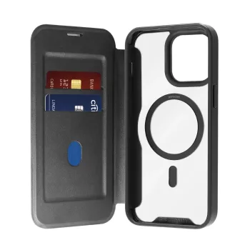   Puro Book Mag MagSafe Leather Case Flap Card Slot iPhone 16 Pro Max tok, fekete