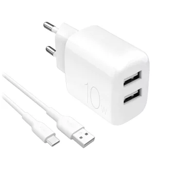   Puro PROLITE 10W 2x USB-A hálózati töltő + USB-A - USB-C kábel 1.2m, fehér