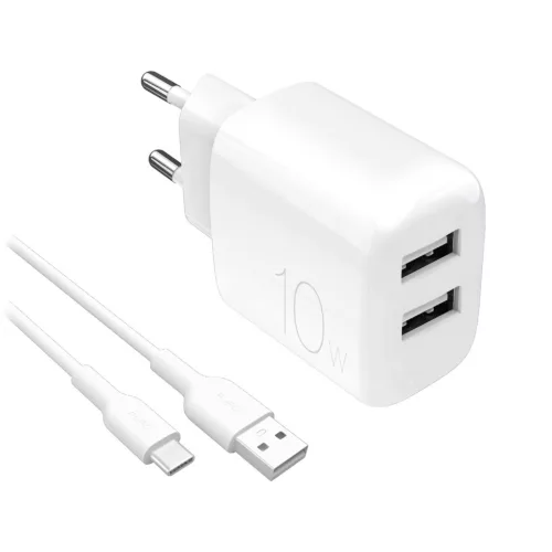 Puro PROLITE 10W 2x USB-A hálózati töltő + USB-A - USB-C kábel 1.2m, fehér