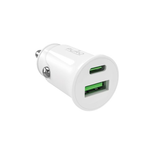Puro Pro Lite autós töltő 1x USB-A + 1x USB-C Power Delivery 20W, fehér