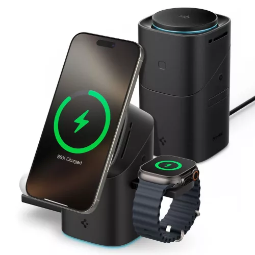 Spigen Essential EF223MS 3in1 Qi2 Rotary Magnetic Magsafe vezeték nélküli töltőállomás, fekete