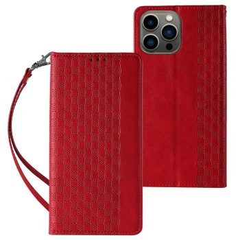   Magnet Strap Case iPhone 14 Pro Case with Flip Wallet Mini Lanyard Stand tok, piros