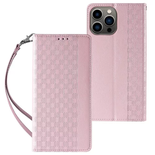 Magnet Strap Case iPhone 14 Pro Flip Wallet Mini Lanyard Stand tok, rózsaszín