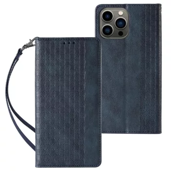  Magnet Strap Case iPhone 14 Pro Max Flip Wallet Mini Lanyard Stand tok, kék