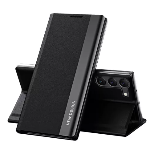 New Sleep case oldalra nyíló tok Samsung Galaxy S23 Plus flip standdal, fekete