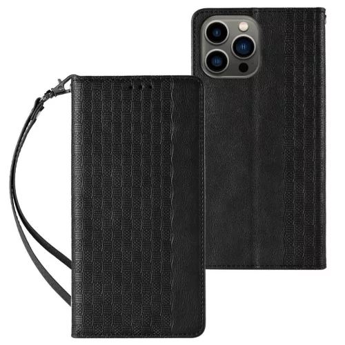 Magnet Strap oldalra nyíló tok Samsung Galaxy S23 Flip Wallet Mini Lanyard Stand, fekete