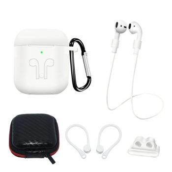   Silicone Case Set AirPods 2 / AirPods 1 + Case / Ear Hook / Neck Strap / Watch Strap Holder / Carabiner tok, fehér