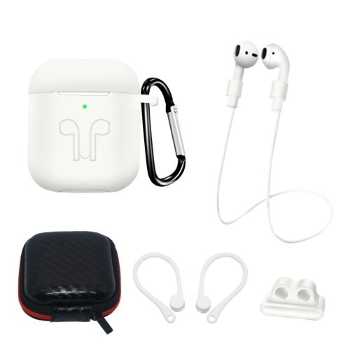 Silicone Case Set AirPods 2 / AirPods 1 + Case / Ear Hook / Neck Strap / Watch Strap Holder / Carabiner tok, fehér