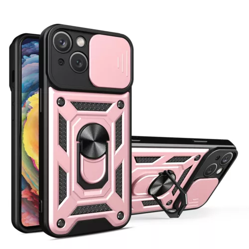 Hybrid Armor Camshield Case with Stand and Camera Cover iPhone 15 Plus tok, rózsaszín