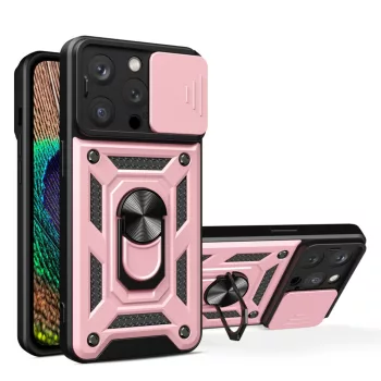   Hybrid Armor Camshield case with stand and camera cover iPhone 15 Pro tok, rózsaszín