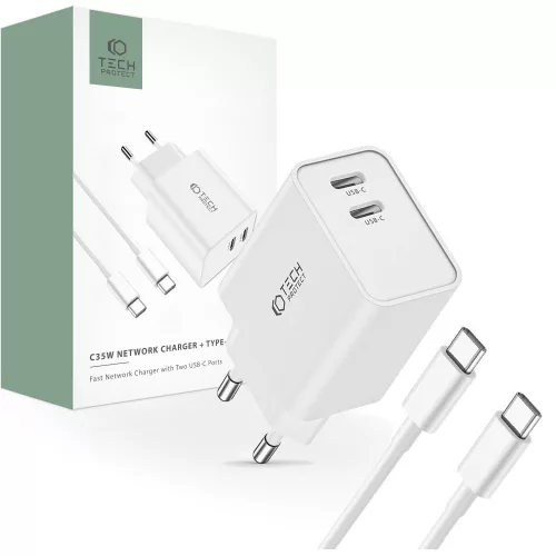 Tech-Protect C35W 2x USB-C PD 35W hálózati töltő with USB-C / USB-C kábel, fehér