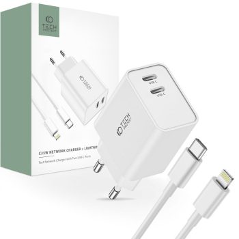  Tech-Protect C35W 2x USB-C PD 35W hálózati töltő with USB-C / Lightning kábel, fehér