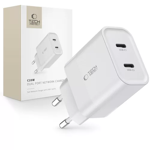 Tech-Protect C20W hálózati töltő 2x USB-C PD 20W, fehér