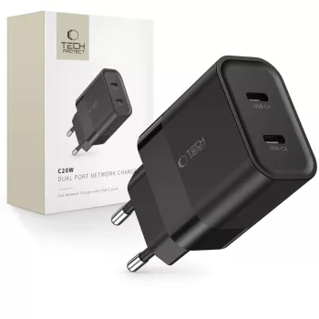 Tech-Protect C20W hálózati töltő 2x USB-C PD 20W, fekete