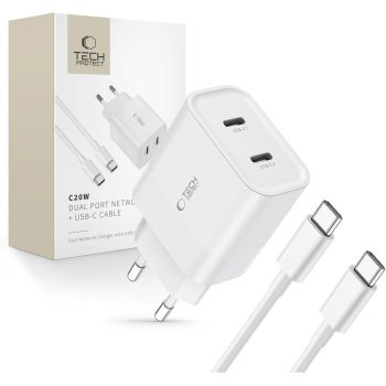   Tech-Protect C20W 2x USB-C PD 20W hálózati töltő with USB-C / USB-C kábel, fehér