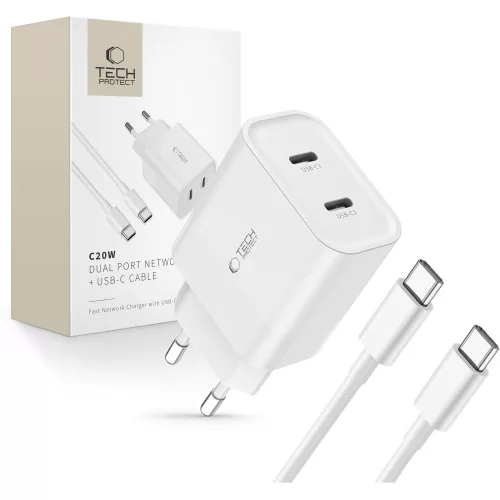 Tech-Protect C20W 2x USB-C PD 20W hálózati töltő with USB-C / USB-C kábel, fehér