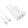 Tech-Protect C20W 2x USB-C PD 20W hálózati töltő with USB-C / USB-C kábel, fehér