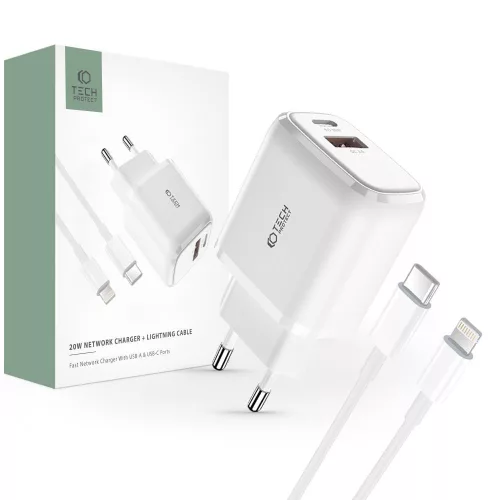 Tech-Protect C20W USB-C PD 20W / USB-A QC 3.0 hálózati töltő with USB-C / Lightning kábel, fehér