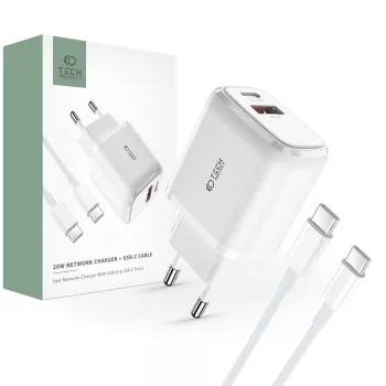  Tech-Protect C20W USB-C PD 20W / USB-A QC 3.0 hálózati töltő with USB-C / USB-C kábel, fehér