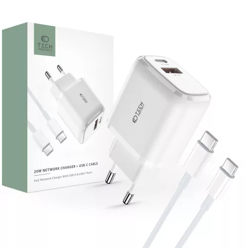 Tech-Protect C20W USB-C PD 20W / USB-A QC 3.0 hálózati töltő with USB-C / USB-C kábel, fehér