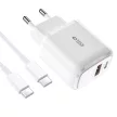 Tech-Protect C20W USB-C PD 20W / USB-A QC 3.0 hálózati töltő with USB-C / USB-C kábel, fehér