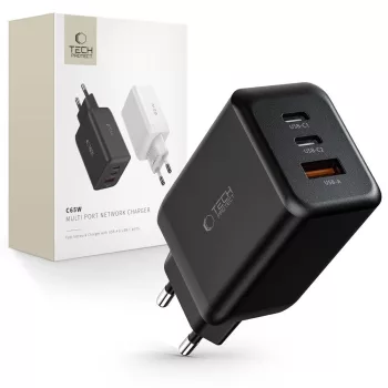   Tech-Protect C65W hálózati töltő 2x USB-C PD 65W / USB-A QC 3.0, fekete
