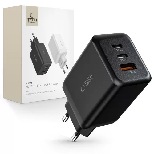Tech-Protect C65W hálózati töltő 2x USB-C PD 65W / USB-A QC 3.0, fekete