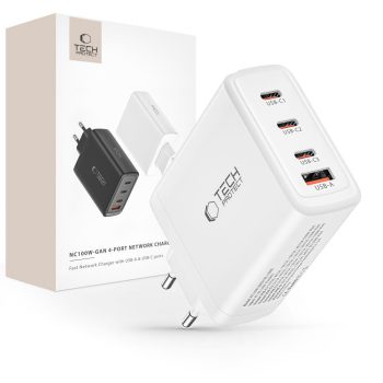   Tech-Protect NC100W-GAN hálózati töltő GaN 3x USB-C PD 100W / USB-A QC 3.0, fehér