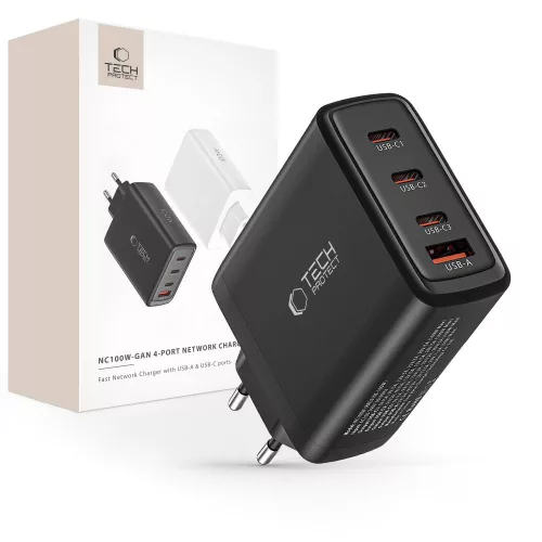 Tech-Protect NC100W-GAN GaN hálózati töltő 3x USB-C PD 100W / USB-A QC 3.0, fekete