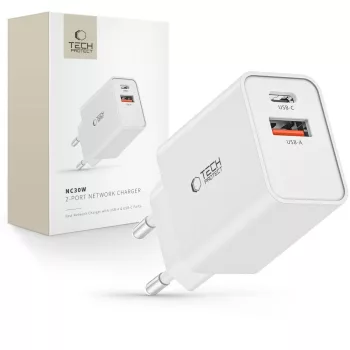   Tech-Protect NC30W USB-C PD 30W / USB-A QC 3.0 hálózati töltő, fehér